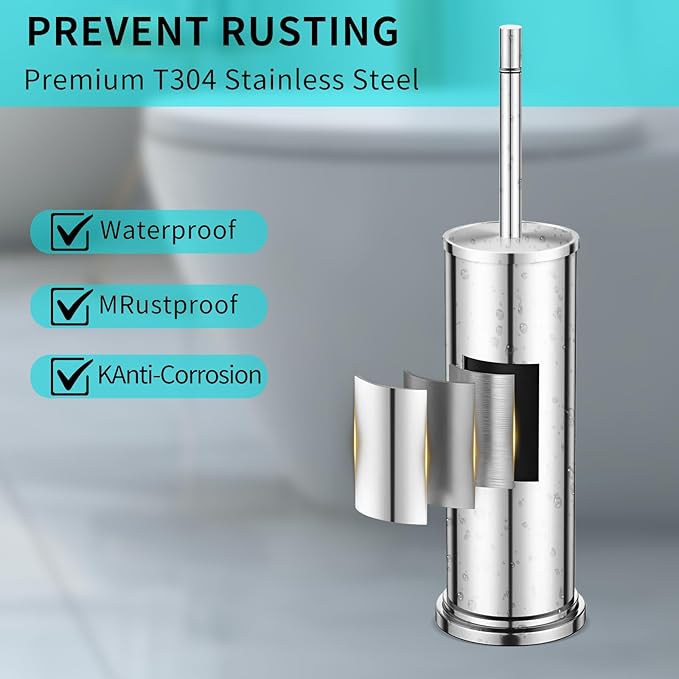 Chrome Toilet Brush and Holder Set,304 Stainless Steel Toilet Brush for Bathroom with Long Handle, Heavy Duty Toilet Bowl Brush,Removable Inner Bowl and Splash Protection,Deep Cleaning