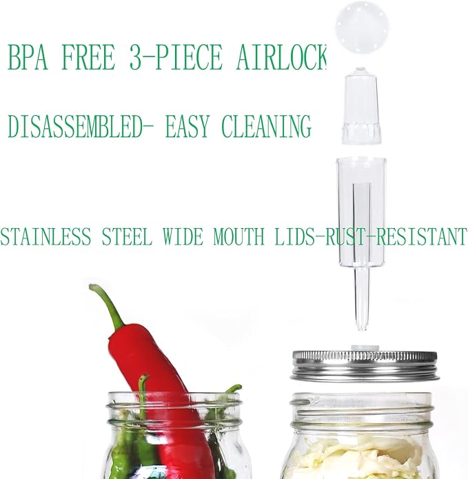 Complete Mason Jar Fermentation Kit - Sauerkraut Pounder + 4pc Glass Weights + 4pc water airlocks Easy Wide Mouth Jars Vegetable Fermenting Set -Suitable for 86MM mason jar (Jars Not Included)