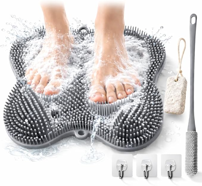 4-in-1 Shower Foot Care Set — Silicone Foot Scrubber Mat with Non-Slip Suction Cups, Natural Pumice Stone, Long Handled Toe Cleaner Brush & Adhesive Hooks — Daily Foot Wash & Bathroom Spa Kit
