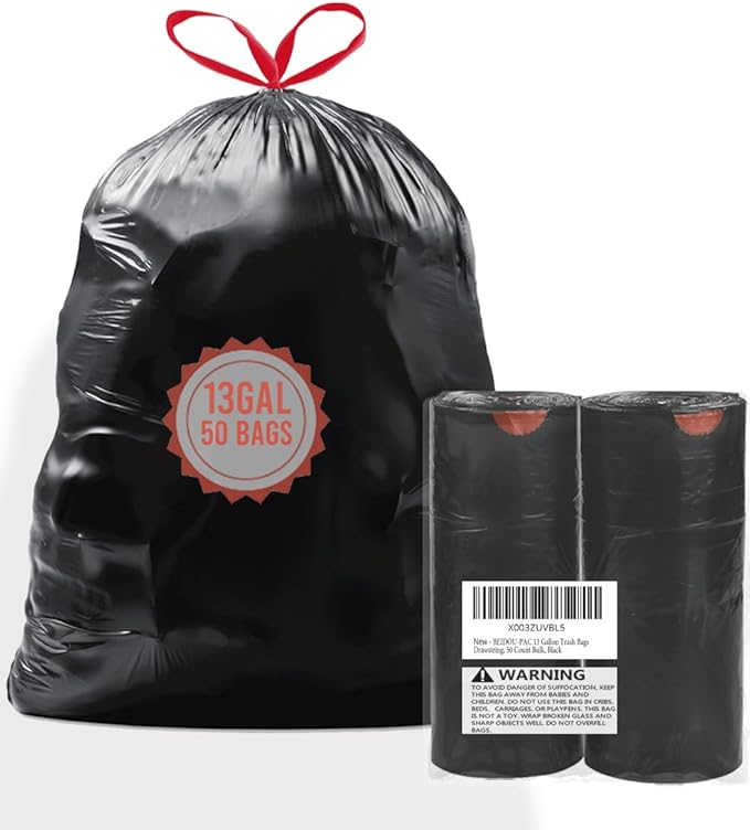 BEIDOU-PAC 13 Gallon Trash Bags Drawstring, 50 Count Bulk, Black & Unscented Garbage Bags, Multi-purpose Tall Kitchen Trash Bags Can Liners for Business Home Commercial and Industrial