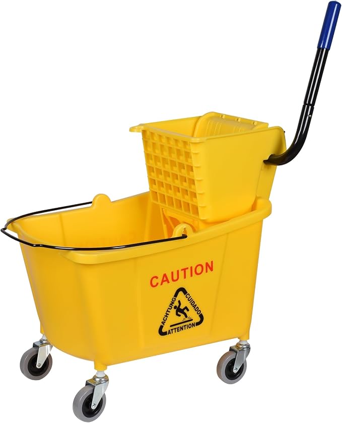 Side-Press Wringer Commercial Mop Bucket on Wheels, 35-Quart, Yellow Mop Bucket for Professional/Industrial/Business Heavy-Duty Floor Cleaning/Mopping