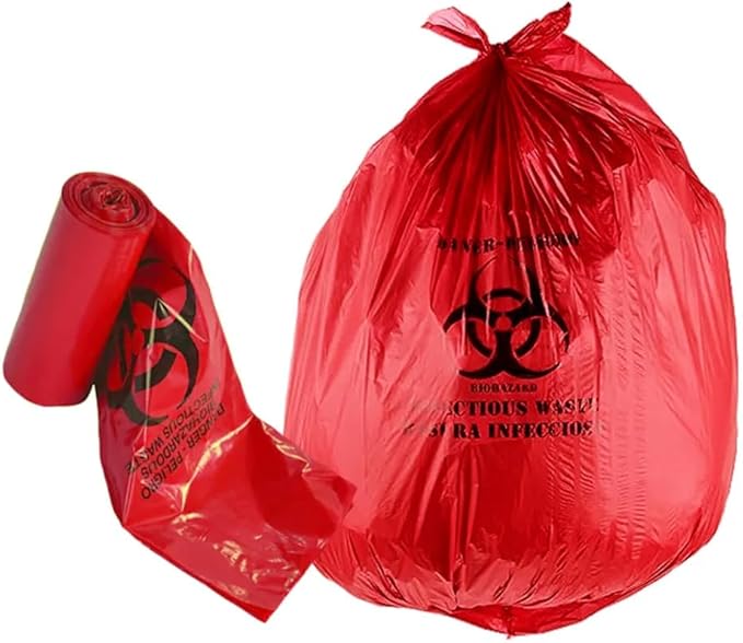 Bits N Things Infectious Biohazard Red Waste Bags Hazardous Trash Can Liners | Medical Grade No Leak Bags | Great for Lab Containers, Swabs, Pads, Gloves | 100 Count - 17"x18" (7 Gallon)
