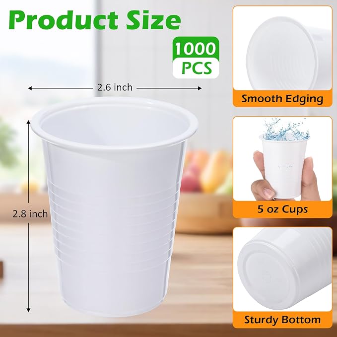Eaasty 1000 Pcs White Plastic Cups Bulk 5 Oz/150 ml White Disposable Plastic Drinking Cups Disposable Drinking Tumblers Bulk for Tasting, Birthday Parties, Picnic, BBQ, Wedding