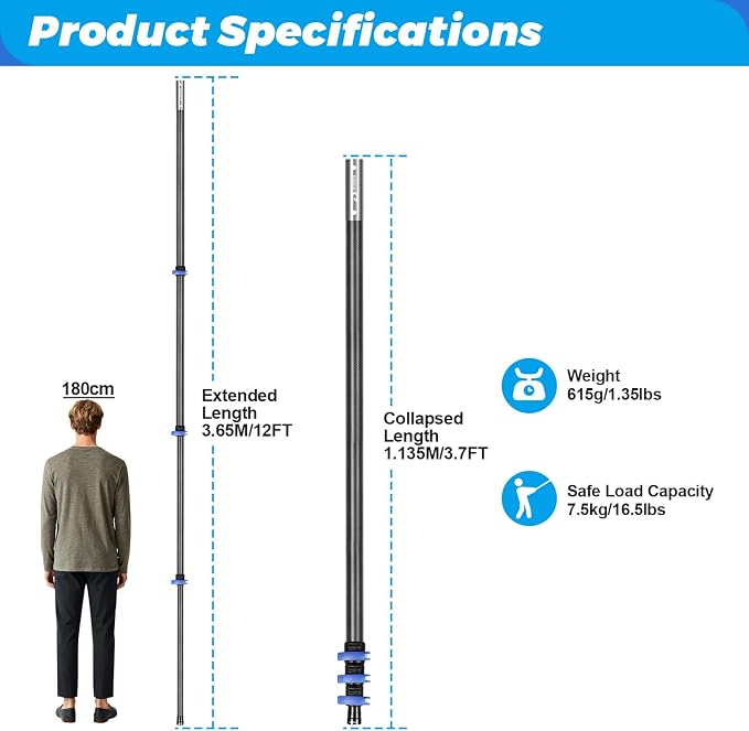 Carbon Fiber 12FT Adjustable Telescopic Pool Pole with Quick-Release Lock - Compatible with Skimmer Nets, Brushes & Vacuums