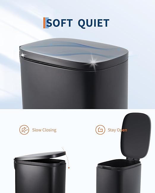 GarveeHome 13 Gal Slim Trash Can, Step Garbage Can with Soft-Close Lid, Stainless Steel Recycling Bin Waste Container with Removable Inner Bucket for Kitchen, Bathroom, Office, Black