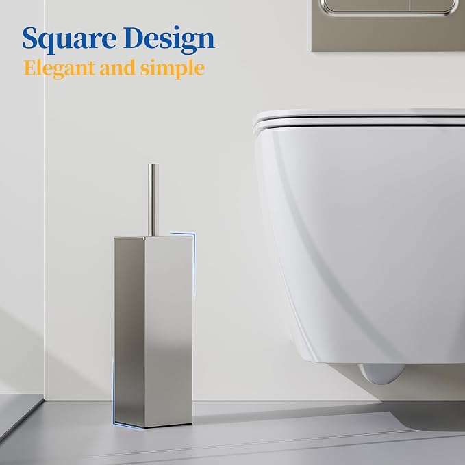 RUACQ Toilet Brush and Holder Set 2pcs,Square Toilet Bowl Brush for Bathroom with 304 Stainless Steel Handle Toilet Cleaner Brush with Durable Scrubbing Bristles,Splash-Proof (Brushed Nickel)