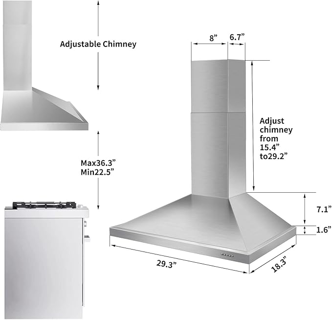 Tieasy Wall Mount Range Hood 30 inch with Ducted/Ductless Convertible Duct, Stainless Steel Chimney-Style Over Stove Vent Hood with LED Light, 3 Speed Exhaust Fan, 450 CFM