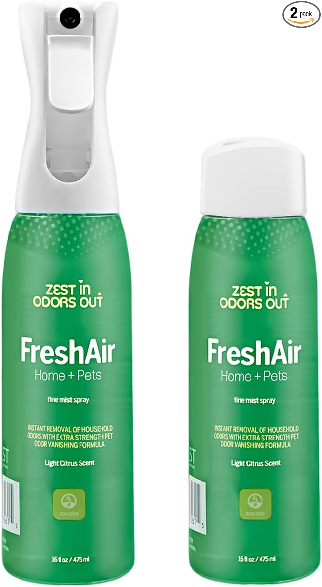 House of Zest FreshAir Home & Pets Odor Eliminator Spray for Home, Pet Odor Remover for Pet, Litter Box, Dog Pee, Cat Urine Odors, Chemical-Free, Plant-Based, Light Citrus Scent, 16 Fl Oz (Pack of 2)