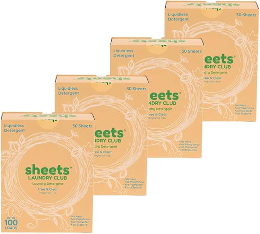 Sheets Laundry Club Laundry Detergent Sheets Free & Clear, 4-Pack, Fragrance-Free, Hypoallergenic, Eco-Friendly Laundry Soap