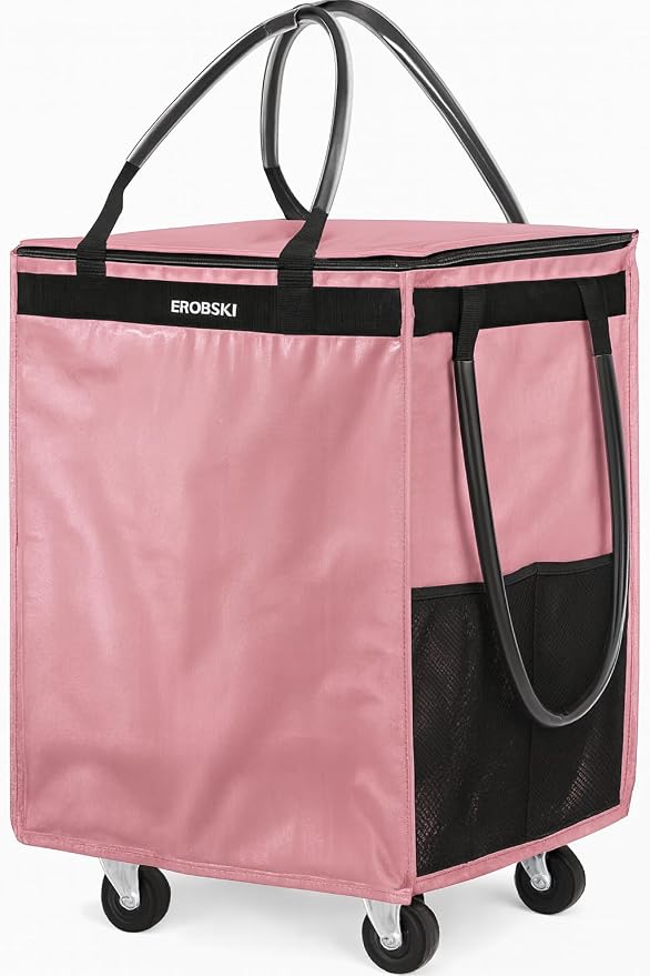 (Medium,Pink) Reusable Grocery Bag on Wheels, 70L Foldable Rolling Tote,Extra Storage for Shopping, Zipper Clouser Shopping Carts for Groceries,Trips, Laundry, Moving,4 Heavy Duty Wheels