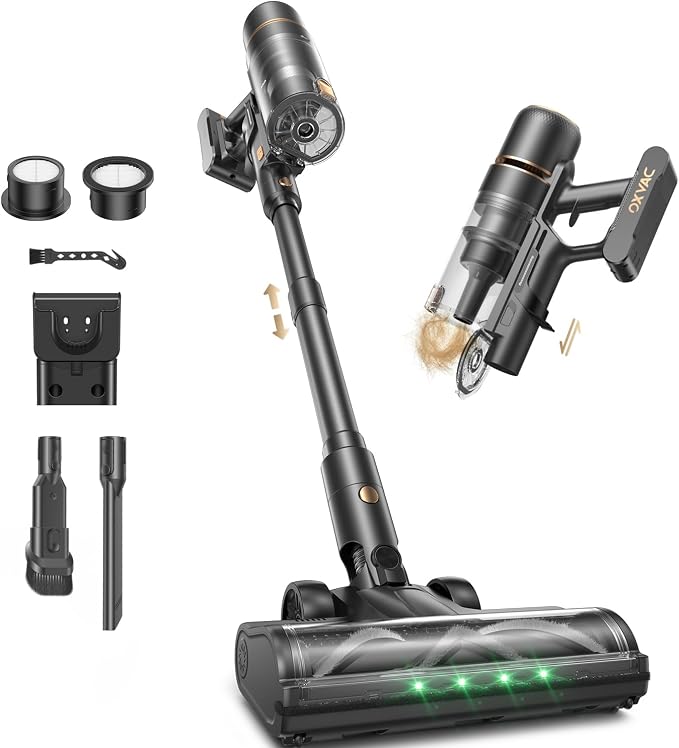 OXVAC Cordless Vacuum Cleaner 600W/58KPa, Self-Standing Stick Vacuum with 65-Min Runtime & Removable Battery, Self-Cleaning Filtration, Tangle-Free for Pet Hair, Carpets, Hard Floors & Daily Cleaning