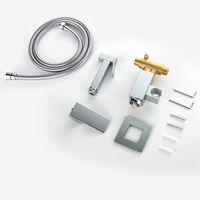 Handheld Bidet Sprayer Head Hot and Cold Mixing Kit Set Chrome Brass | Warm Water Value Mixer, Modern Square Design, Concealed Bidet Hand Held Sprayer Shattaf Bathroom Attachment For Toilet