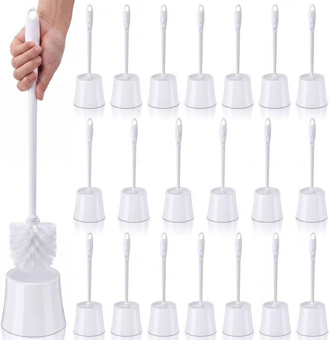 20 Pack Toilet Brush and Holder, Bulk White Toilet Bowl Brushes with Stiff Bristles, Plastic Hidden Toilets Scrub Brushes Bulk Cleaning Accessories for Commercial Bathroom, Hotel, Office, School