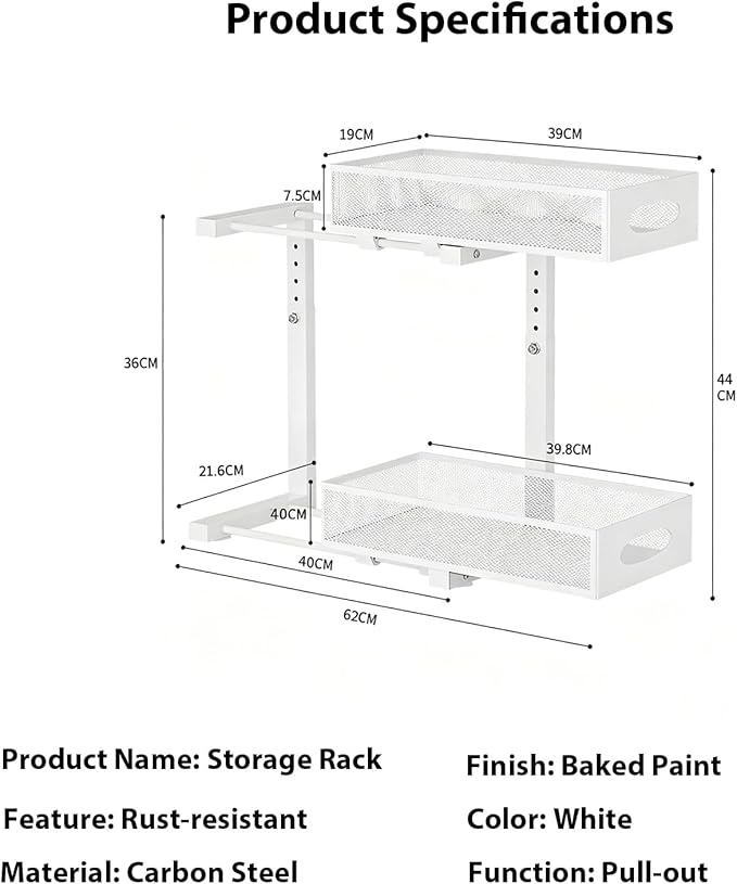 2 Pack Under Sink Organizer, 2-Tier Pull Out Kitchen Cabinet Organizer, Height Adjustable Metal Slide Out Bathroom Organizers and Storage Makeup Drawer Organizer for Office Bedroom(A-White, 2Pack)