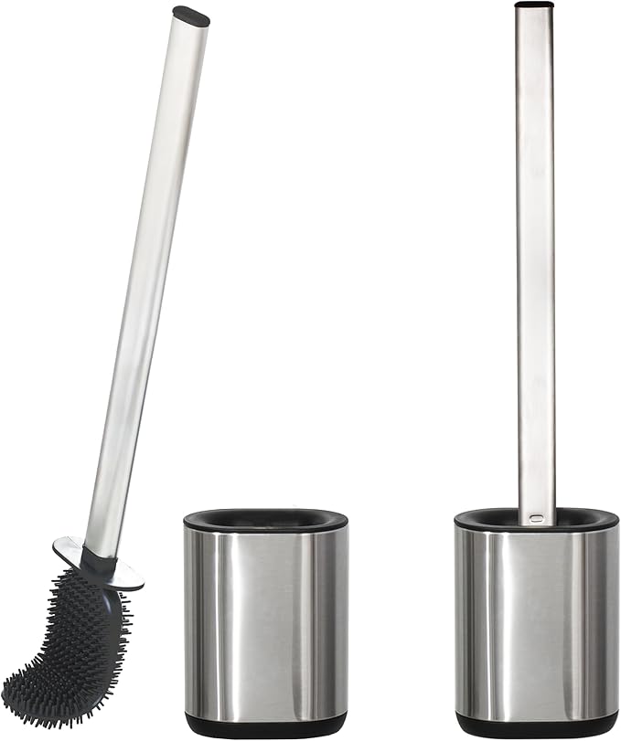 Sineng Silicone Toilet Brush and Holder Set, Stainless Steel Toilet Cleaning Brush, One-Piece Long Handle, Flexible Compact Modern RV Toilet Bowl Brush for Bathroom, 2Pack