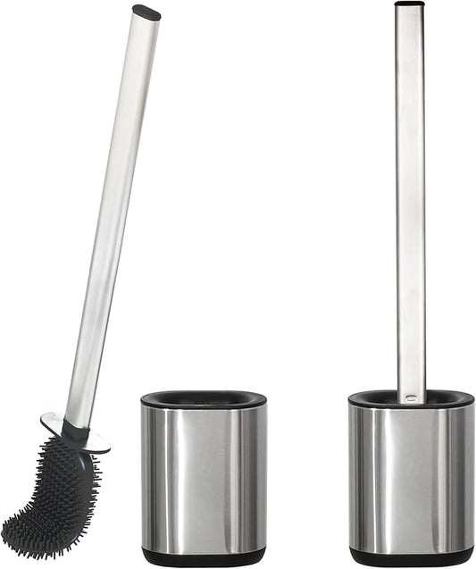 Sineng Silicone Toilet Brush and Holder Set, Stainless Steel Toilet Cleaning Brush, One-Piece Long Handle, Flexible Compact Modern RV Toilet Bowl Brush for Bathroom, 2Pack