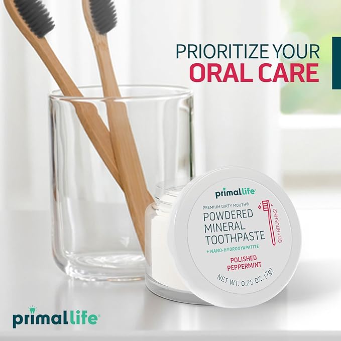 Primal Life Organics - Dirty Mouth Toothpowder, Tooth Cleaning Powder, Flavored Essential Oils with Natural Kaolin & Bentonite Clay, Good for 200+ Brushings, Organic, Vegan (Peppermint, 0.25 oz)