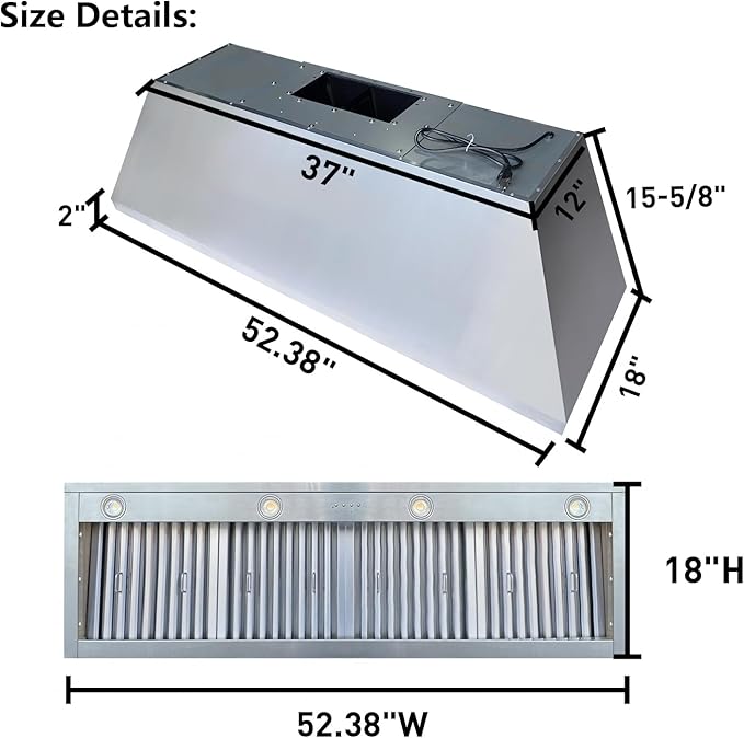 54 Inch Built-In/Insert Range Hood, 4-Speed 1260 CFM, Stainless Steel Under Cabinet Range Hood Kitchen Vent Hood with Liner and Internal Motor, 8" Duct, Adjustable Lights, Baffle Filter