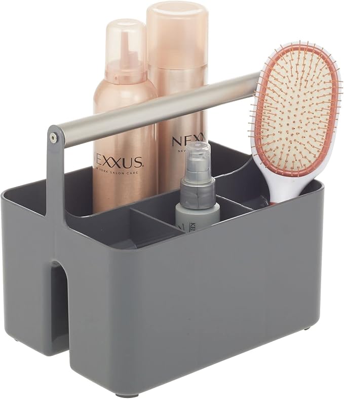 mDesign Plastic Shower Caddy Storage Organizer Utility Tote, Divided Basket Bin - Metal Handle for Bathroom, Dorm, Kitchen, Holds Soap, Shampoo, Conditioner - Aura Collection - Charcoal Gray/Satin
