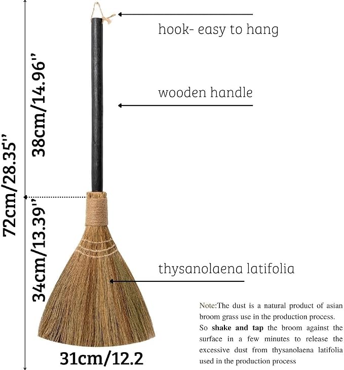 Natural Whisk Sweeping Black Handle Broom - Brooms for Wedding Jumping Ceremony Halloween DIY Decoration - Vietnamese Straw Soft Broom 12.2" Width, 28.35" Length
