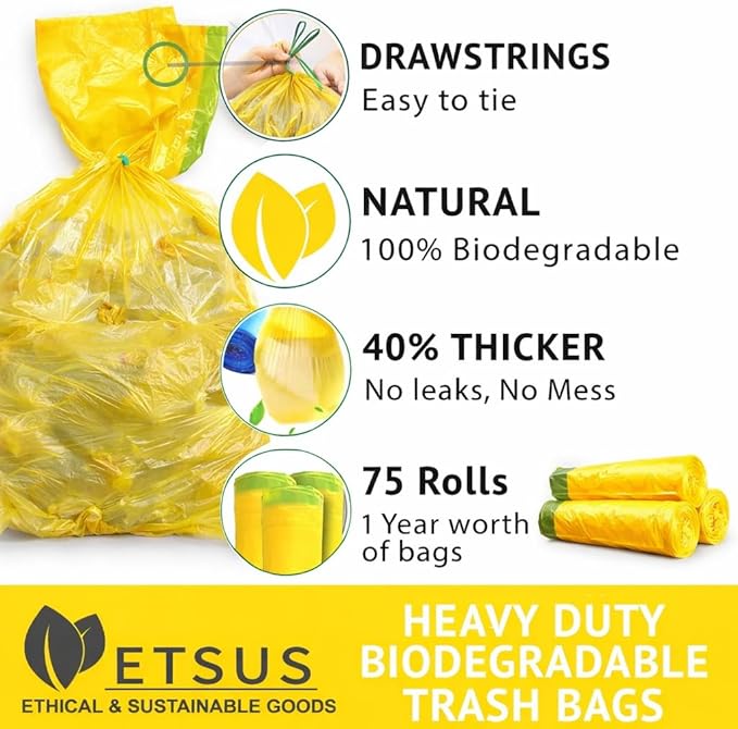 13 Gallon Biodegradable Trash Bags with Drawstrings, 75 Count Plant Based, Code Q Tall Kitchen Compost Bags 50 Liter Bin - Green Garbage Liners - 1.3 mil Thick Heavy Duty and Eco Friendly Trash Bags
