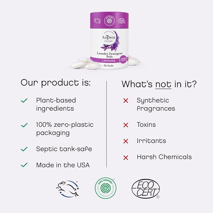 AspenClean | Laundry Pods | Lavender | Made for Sensitive Skin | Zero Plastic | Non - Toxic | 100% Natural | EWG Verified - 36 Count
