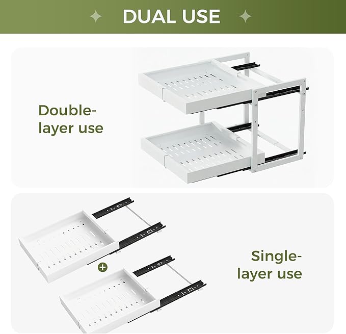 Abalter Expandable Pull Out Cabinet Organizer,2-Tier Slide Out Drawer for Kitchen Cabinets,Adjustable Width 12–18.5",Slide Out Shelves for Kitchen Countertop, Bathroom, Pantry, Heavy Duty Caddy(White)