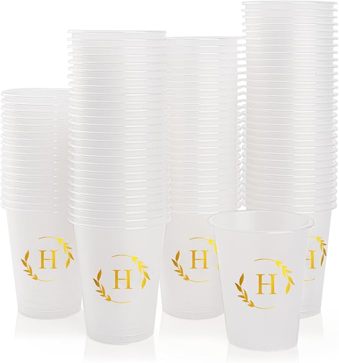 100 Monogrammed Cups Disposable Initial Plastic Cup 12 oz Wedding Personalized Cup for Wedding Reception Baby Shower Birthday Party(Letter H)