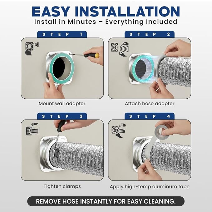 Magnetic Dryer Vent Connector Kit DV-180 – 4 Inch Quick-Connect Wall Adapter, 2.6 ft Aluminum Dryer Hose, Heat-Resistant Tape, Stainless-Steel Clamps – Space-Saving, Leak-Proof Venting System