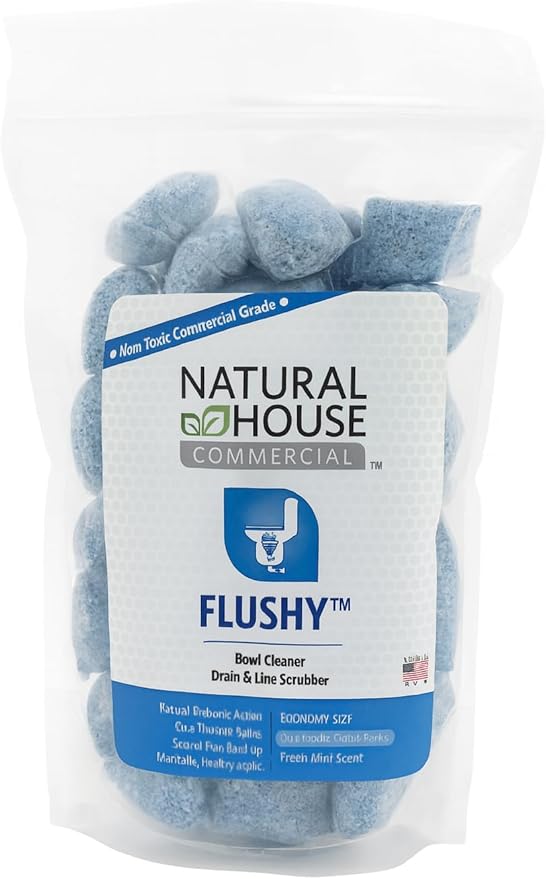 Enzyme Toilet Bowl Cleaner Pods - Natural House Flushy - Probiotic Septic Treatment - Removes Hard Water Stains, Calcium, Rust - Foaming Action - Fresh Mint - 20 Pack