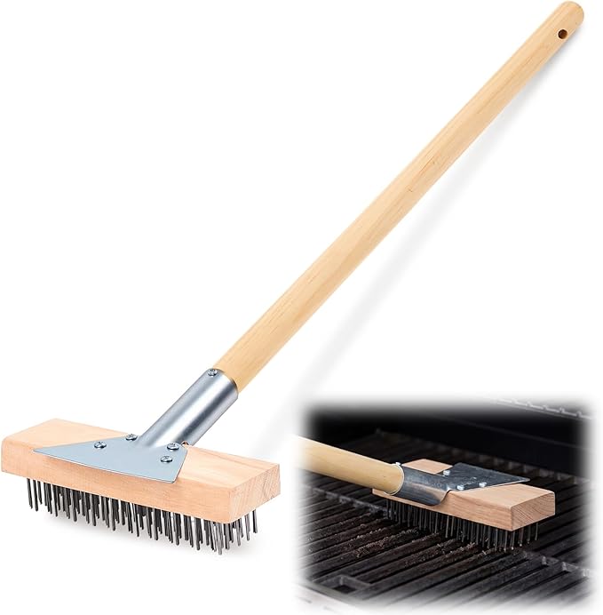 1 Pcs Stainless Steel Grill Brushes, Commercial Grill Scraper with 30'' Long Wooden Handle Oven Charbroiler Cleaning Brush for Outdoor Kitchens BBQ Restaurants