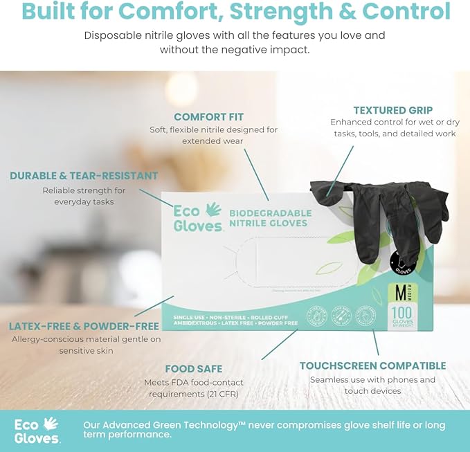 Eco Gloves Biodegradable BLACK Nitrile Disposable Gloves, 4 Mil, Powder Free, Latex Free, Food Safe, Cleaning