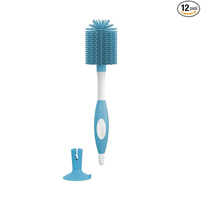 Dr. Brown's Soft Touch No Scratch Baby Bottle Cleaning Brush, Nipple Cleaner and Suction Cup Base for Easy Storage, BPA-Free, Blue, 12-Pack