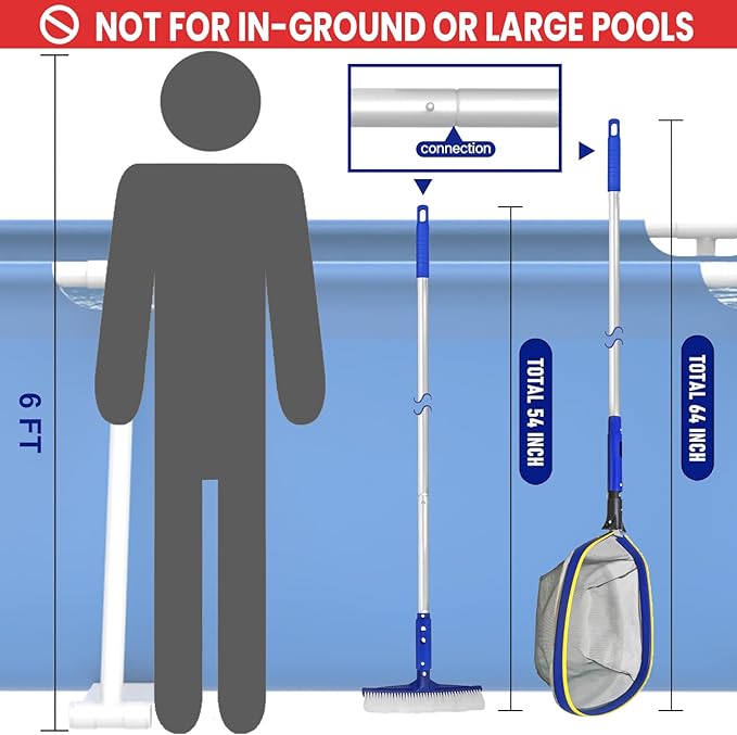 Poolvio Swimming Pool Cleaning Kit, 14'' Brush Head & 50'' Telescopic Aluminum Pole with Fine Mesh Skimmer Net - Perfect for Above Ground Pools, Spas, Hot Tub Fountains Blue (PK0140)