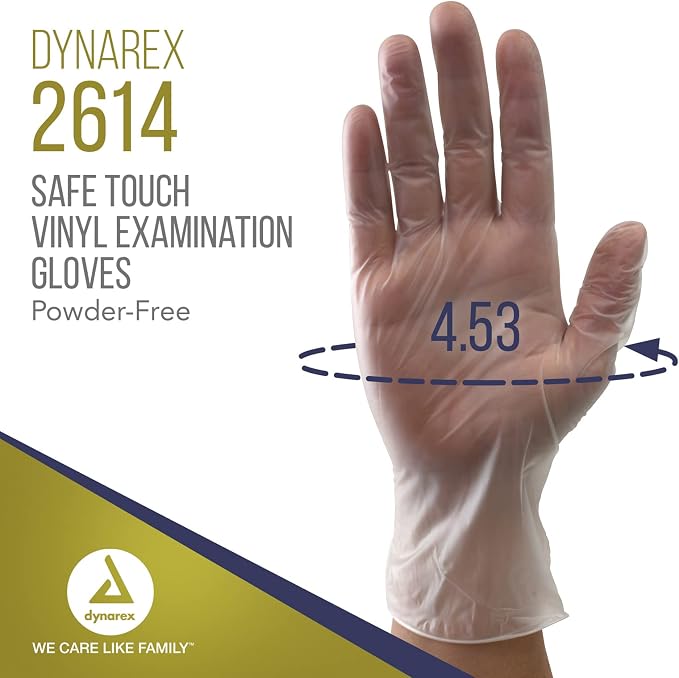 Dynarex Safe-Touch Vinyl Disposable Exam Gloves, Powder-Free, Food Safety and Compliance, Ambidextrous, Clear, X-Large, 1 Case, 10 Boxes of 100 Gloves