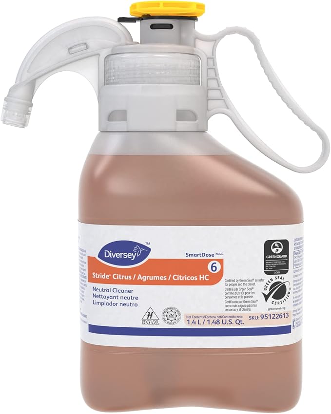 Diversey Stride Citrus Neutral Cleaner, SmartDose, 1.4 Liter | Low Foam, No Rinse, Film Free, Hard Surface Cleaner, Floor Care, Citrus Scent