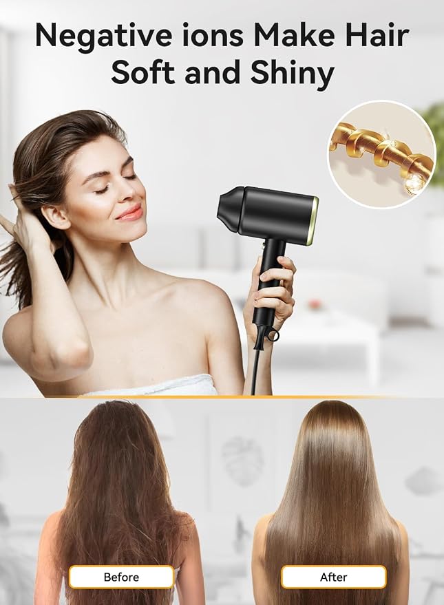 Hair Dryer with Diffuser, 150000 RPM Ionic Blow Dryer, Foldable Travel Hair Dryer with Nozzle, Lightweight Low Noise Fast Drying Hairdryer for Women Men, Portable Mini Hair Dryer, Black
