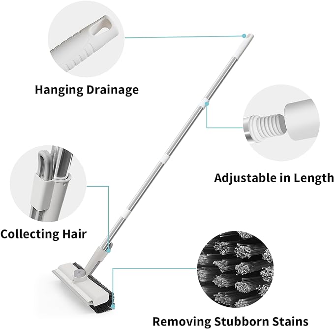 Floor Scrub Brush with Long Handle, 3 in 1 Scrape and Heavy-Duty Stiff Bristle Scrubber Brush for Cleaning Shower Bathroom, Patio, Garage, Kitchen, Wall and Deck (White, 2 Pack)
