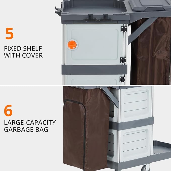 Commercial Janitorial Cart with 2 Cabinet, Cleaning Cart On Wheels, Housekeeping Caddy with Cover, Shelves, and Vinyl Bag, Hotel Housekeeping Room Hand Push Utility Service Cart