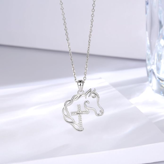 925 Sterling Silver Cross Horse Necklace Pendant Jewelry Gifts for Women