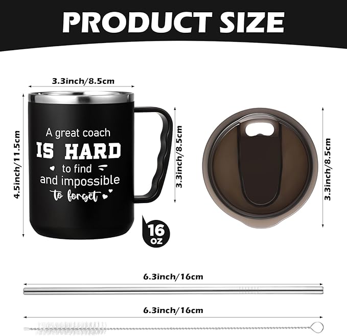Uiifan 4 Sets Thank You Gifts for Coach Christmas 16 oz Coach Cup with Handle Straw Lid Straw Brush Stainless Steel Insulated Sports Team Coffee Mug for Xmas Appreciation Retirement Gift(Black)