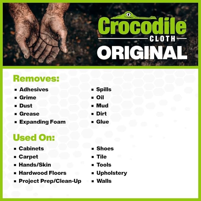 Crocodile Cloth Original Cleaning Wipes, Heavy-Duty Multi-Surface Hand & Tool Wipes, Water-Based, Safe on Skin, 50 Count, 15 x 10 Inch