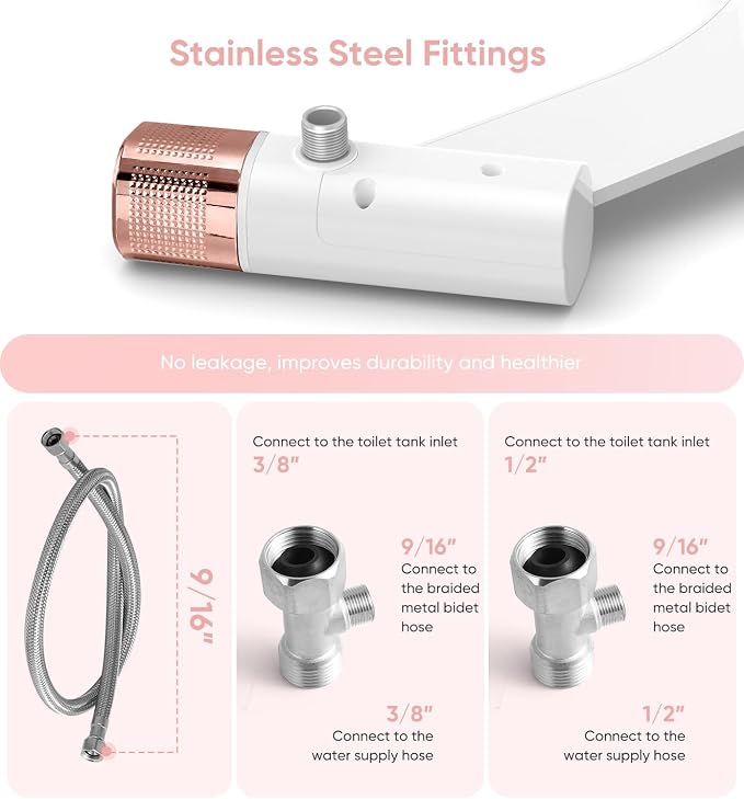Ultra-Slim Bidet Attachment, Posterior&Feminine Wash-(Retractable Dual Nozzles), Non-Electric Bidet Attachment for Toilet Seat, Adjustable Fresh Cold Water Pressure, Stainless Steel Inlet (Rose Gold)