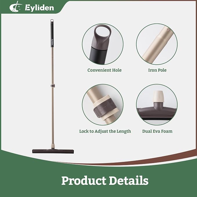 Eyliden Floor Squeegee for Water Removal, 17-inch EVA Dual-Layer Blade | Won’t Scratch Floors, Quick Water/Soap Removal in One Pass, for Kitchen, Bathroom, Tile, Hardwood, Telescoping Long Handle