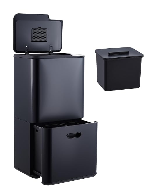 Garvee 16 Gal Dual Trash Can for Kitchen, 2 Compartment (33l + 28l) Garbage Can with Compost Bin, Stainless Steel Trash and Recycle Bin Combo with Removable Inner Bucket, Odor Control, Black