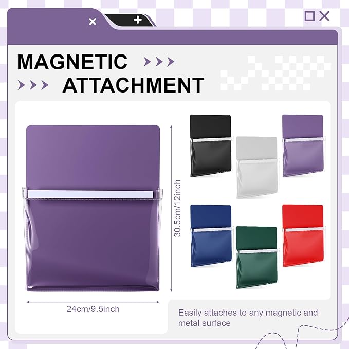 6 Pcs Magnetic File Holder Paper Holder Magnetic Pen Dry Erase Marker Organizer Magnet Pocket Pouch for Whiteboard Refrigerator, 12 x 9.5 in(Dark Color)