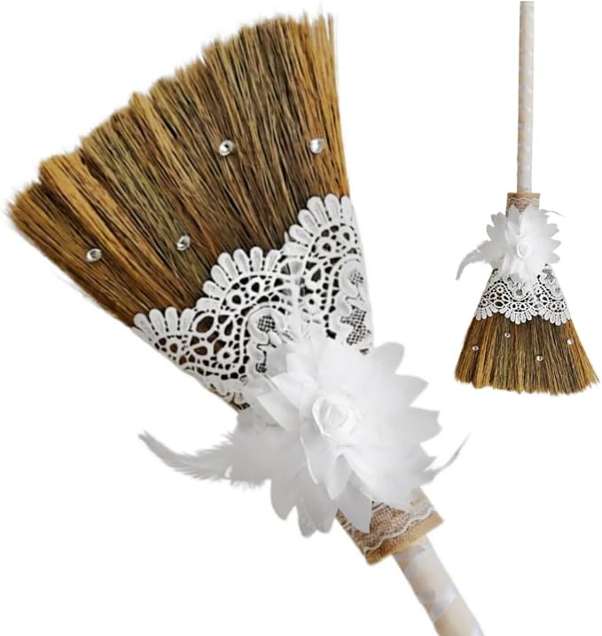 Jumping The Broom African American Wedding Broom, Vintage Elegance Lace Flower with Diamonds DIY Broomstick for Wedding Ceremony (White) (12.6”Width 28.74” Length)