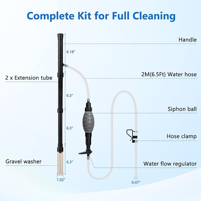 AQQA Gravel Vacuum for Aquarium Siphon - Adjustable Flow Fish Tank Cleaner with Handle, Manual Siphon Pump Water Changer Sand Rock Suction Cleaner, Upgraded Hard Hose with Threaded Connection (S)