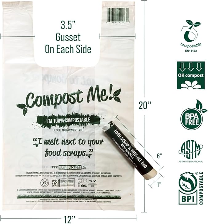 Compost Bags - 100% Certified Kitchen Garbage Bag for Shopping & Grocery - Green Bin Bags with Handles - 30 Pack