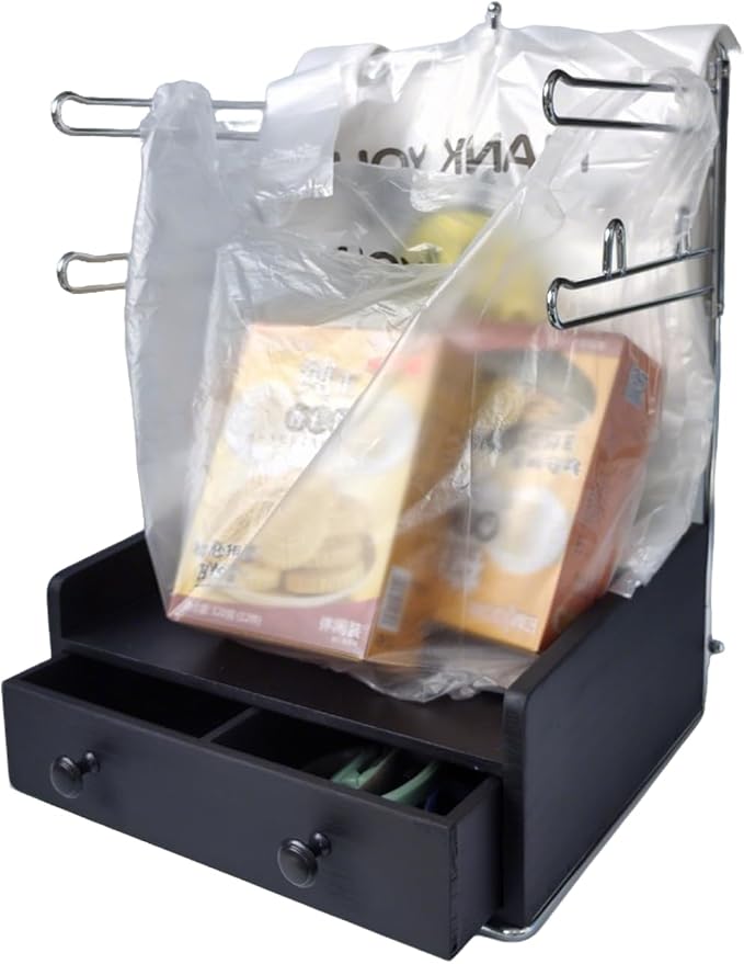 T-shirt Shopping Bag Holder Shopping Bag Dispenser, Grocery Store Plastic Bag Rack, Plastic Bag Organizer with Wooden Drawer Base for Grocery Store, Supermarket, Restaurant, Kitchen, Garage, Business